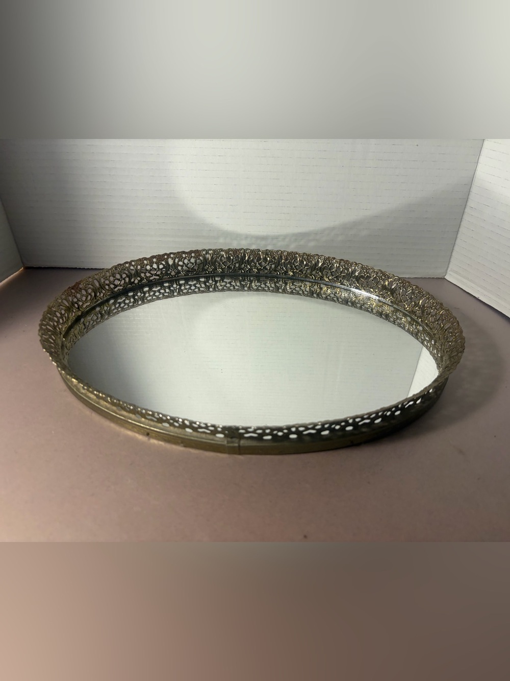 Vintage Decorative Mirrored Tray in Brass Tone